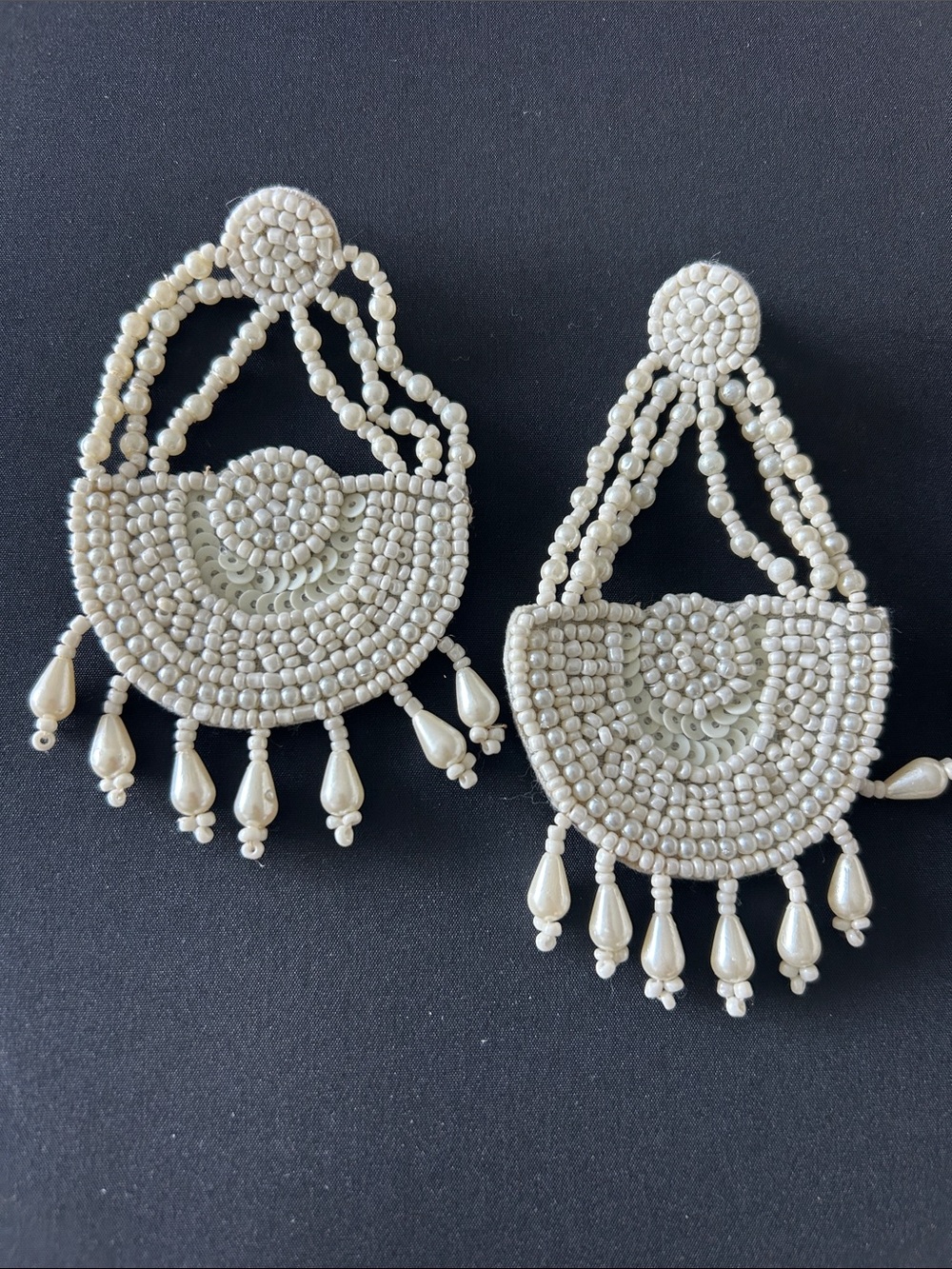 Hand-Beaded Cream Teardrop Fringe Earrings